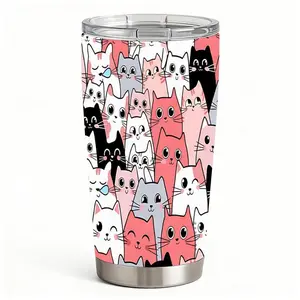 20oz Cute Kawaii Cartoon Cat Pattern Stainless Steel Tumbler， Tumbler with Lid Double Wall Vacuum Insulated Travel Mug， Coffee Cups With Lids， Perfect Gifts For Birthday Holiday