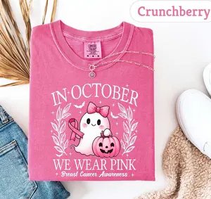 In October We Wear Pink Ghost Sweatshirt, Breast Cancer Awareness Tee, Halloween Ghost Tshirt, Cancer Pink Ribbon Shirt gift