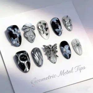 Metallic Silver Dark Gothic 3D Butterfly & Heart Almond Shape Press On Nails, Handmade Rhinestone Floral Accents Glossy Luxury Fake Nails