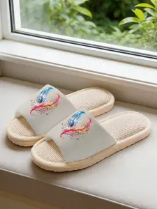 Glam Gradient Feather Linen Slippers, Breathable Non-slip Casual Lightweight All Season House Shoes for Fashion Lovers Women Men Family Daily Home Wear