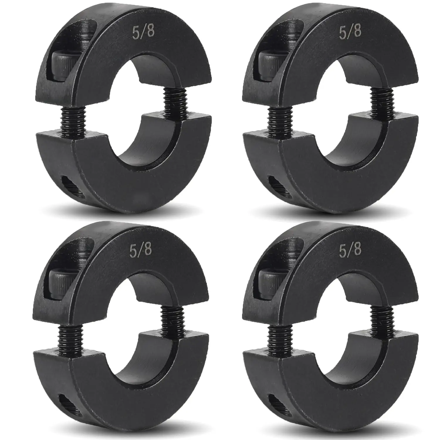 (4-Pack, Black) 5/8" Bore Double Split Clamp-On Shaft Collars Screw Set, Carbon Steel Bores Shaft Collars Sets 5/8" Bore Size, 1-5/16" Outer Diameter, 7/16" Width for Automotive Industrial Use