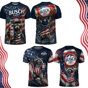 Bussch Light Apple Patriotic Raccoon All Over Print Unisex T-Shirt, Funny Patriotic Trash Panda Beer Can Graphic Tee Summer BBQ Gift, American Flag Raccoon Busch Apple Shirt