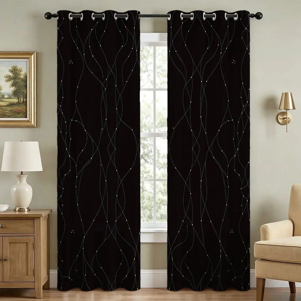 Blackout Curtains (2 Panels & Black Silver Wave Line and Dots Printed) - Thermal Insulated,Soundproof Printed Drapes for Living Room, Bedroom, Sliding Glass Door and Office, Blackout Window Cover, Curtain for doorway, Curtain for windows