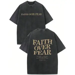 Men's Unisex Faith Over Fear Vintage Graphic T-Shirt - Washed Cotton, Bible Psalms 118:6, Casual Loose Fit, Shortsleeve, Round Neck, Summer Streetwear Tropical Crewneck Top