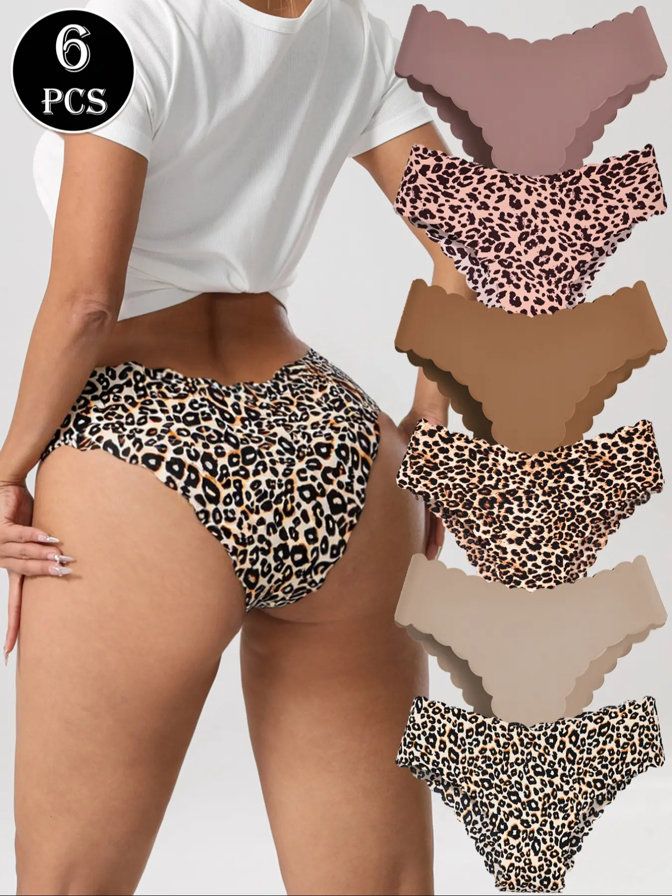 6 Pack Women's Seamless Panties - Scalloped Hem Maillard Colorway (Brown/Beige/Cream) & Leopard Print Quick-Dry 4-Way Stretch Nylon Spandex Breathable No-Show Soft Fit Panty Premium Daily Wear