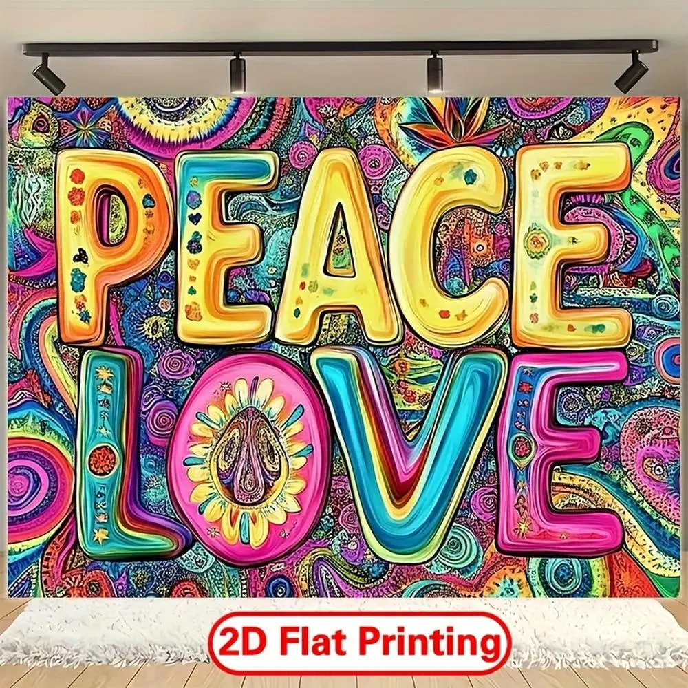1pc 2D Flat Bohemian Peace & Love Rainbow Hippie Glam Wall Backdrop Cloth - Hangable Durable Soft Fabric Polyester Photography Backdrop, Indoor Party Banner