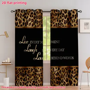 2D Flat 2Pcs Leopard Print Curtains Panels, Black & Gold Splicing Semi Sunshade Drape for Living Room Bedroom Window, Home Decor Treatment Accessories, Anti Privacy.