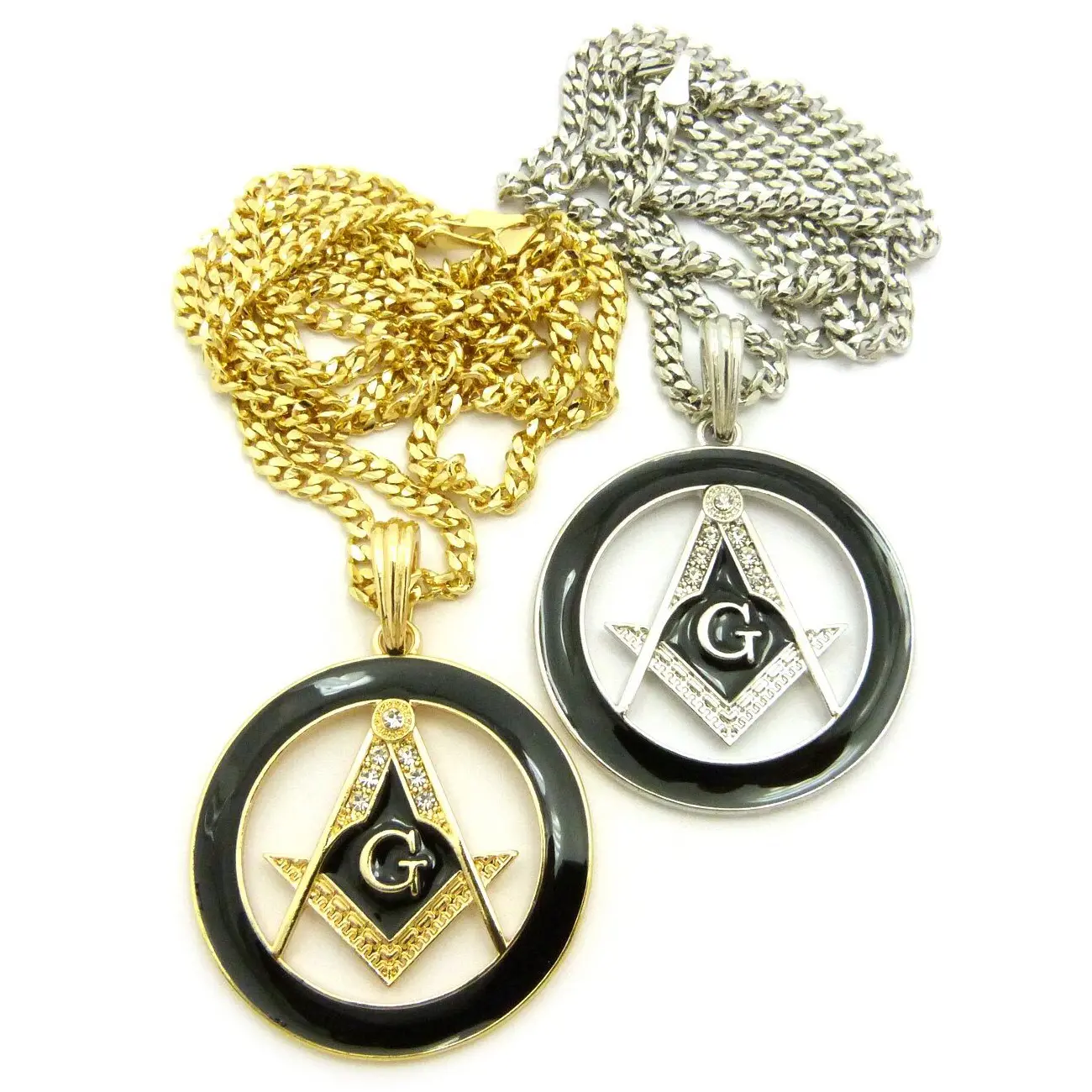 MaxBling81 Freemason Masonic Symbol Medal Pendant with Multi-Size 4mm 18"-20"-24" Brass Cuban Chain, Hip Hop Style Unisex Daily Costume Jewelry Necklace for Men, Women, Chain Link Necklaces, Gold Chain Set