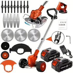 Portable Home Cordless Electric Lawnmower, Garden Weeder/Wireless Mower Features 3 Blade Types And Two High-capacity Lithium-ion Batteries Powerful Performance for Lawns, Gardens, And Yards Tool Color: Orange Red Dual Electric Upgraded Version