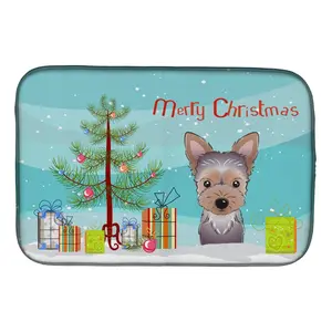 212 MAIN 14x21 in Rectangular Kitchenware Dish Drying Mat - Decorative Home Organizer for Tableware, Featuring Christmas Tree, Yorkie Puppy Designs