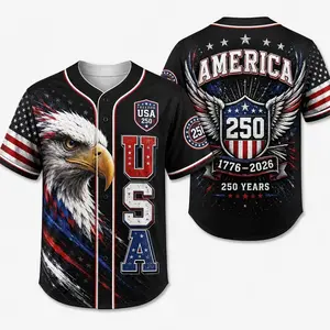 2026 USA 250 Black Button Down Baseball Jersey for Men, Eagle Head Graphic, America 250 Wing Shield Back Print, Flag Sleeve Accents, Short Sleeve Patriotic Baseball Top for July 4th Game Day