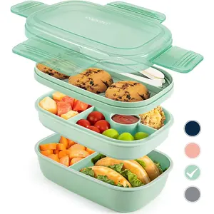Stackable Bento Box Adult Lunch Box - 3 Layers All-in-One Lunch Containers with Multiple Compartments for Adults & Kids, 55 oz Large Capacity, Built-in Utensil Set & BPA Free (Green)