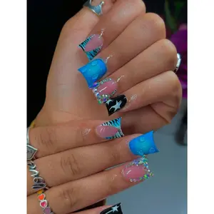 24PCS Stylish Blue & White Leopard Duckbill Press-On Nails – Glitter Star Nail Tips!