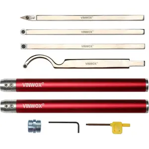 9 PCS Carbide Wood Lathe Turning Tool Set Pen Turning Tools Including Swan Neck Hollower Rougher Finisher Detailer Aluminum Handles from 14" to 29" Fine Polished Stainless Steel Shank