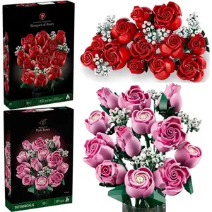789pcs Pink Rose Bouquet 10374 Building Blocks Sets Red Rose Artificial Flower Bouquet Suitable for Christmas Gifts for Girlfriend Valentine's Day Gifts Plastic Faux Flowers