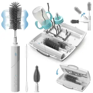 Electric Baby Bottle Brush Cleaner Set, 7 in 1 Travel Bottle Cleaning Kit with Drying Rack, Brush Box, Straw & Nipple Brush, Portable Silicone Brush