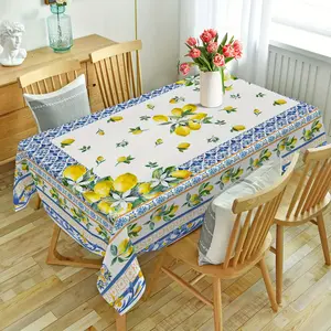 Elegant Mediterranean-Inspired Tablecloth with Fresh Lemon & Blue Floral Design - Polyester, Machine Washable for Dining Room, Living Room, Outdoor Decor