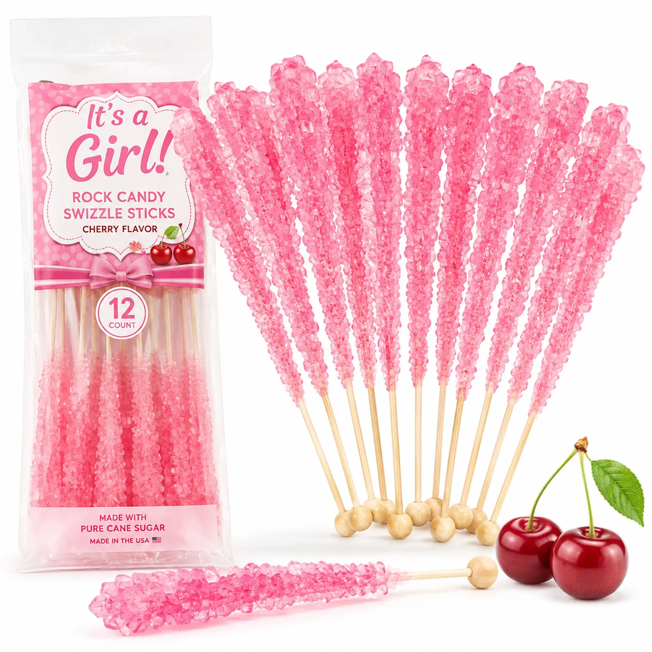 It's a Girl Rock Candy Swizzle Sticks Cherry Flavor 12 Count Pure Cane Sugar Made in the USA