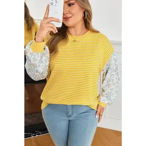 Yellow Striped Top with Floral Sleeves