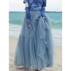 Women's Plain Ruffle Hem Tulle Skirt? Casual? Elegant High-Waist Long Skirt for Beach Holidays, Women's Clothing for All Seasons