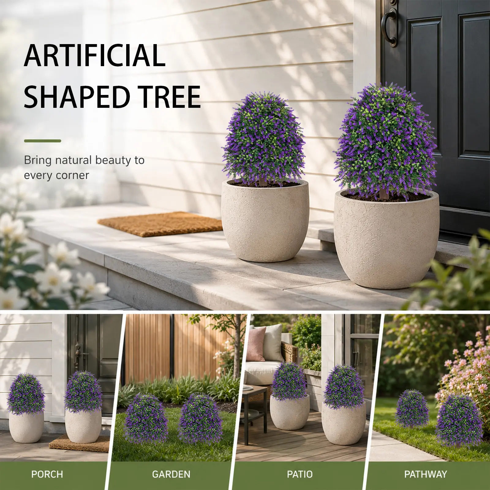 2-Pack 25-Inch Artificial Purple Cone Lavender Topiary Decorative Flowers Set with Detachable Metal Ground Spike, UV-Resistant Weatherproof No-Upkeep Faux Shrub Ornaments for Front Porch Entryway Landscape Plants Juneteenth Black Friday DIY Curb Makeover