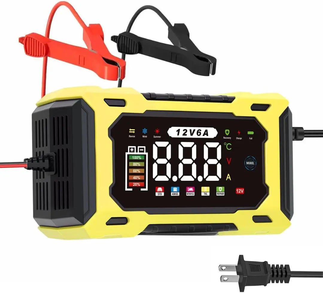 6-Amp 12V Smart Car Battery Charger, Battery Maintainer Trickle Charger with Desulfator, Pulse Repair & Overcharge Protection - for Car Lawn Mower Marine Lead-Acid Batteries (Yellow)