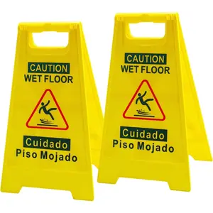 2-Pack Caution Wet-Floor Sign, 17.5" Height, Bright Yellow, Double-Sided Folding A-Frame Design Safety Caution Sign - Commercial, Bilingual Caution Message