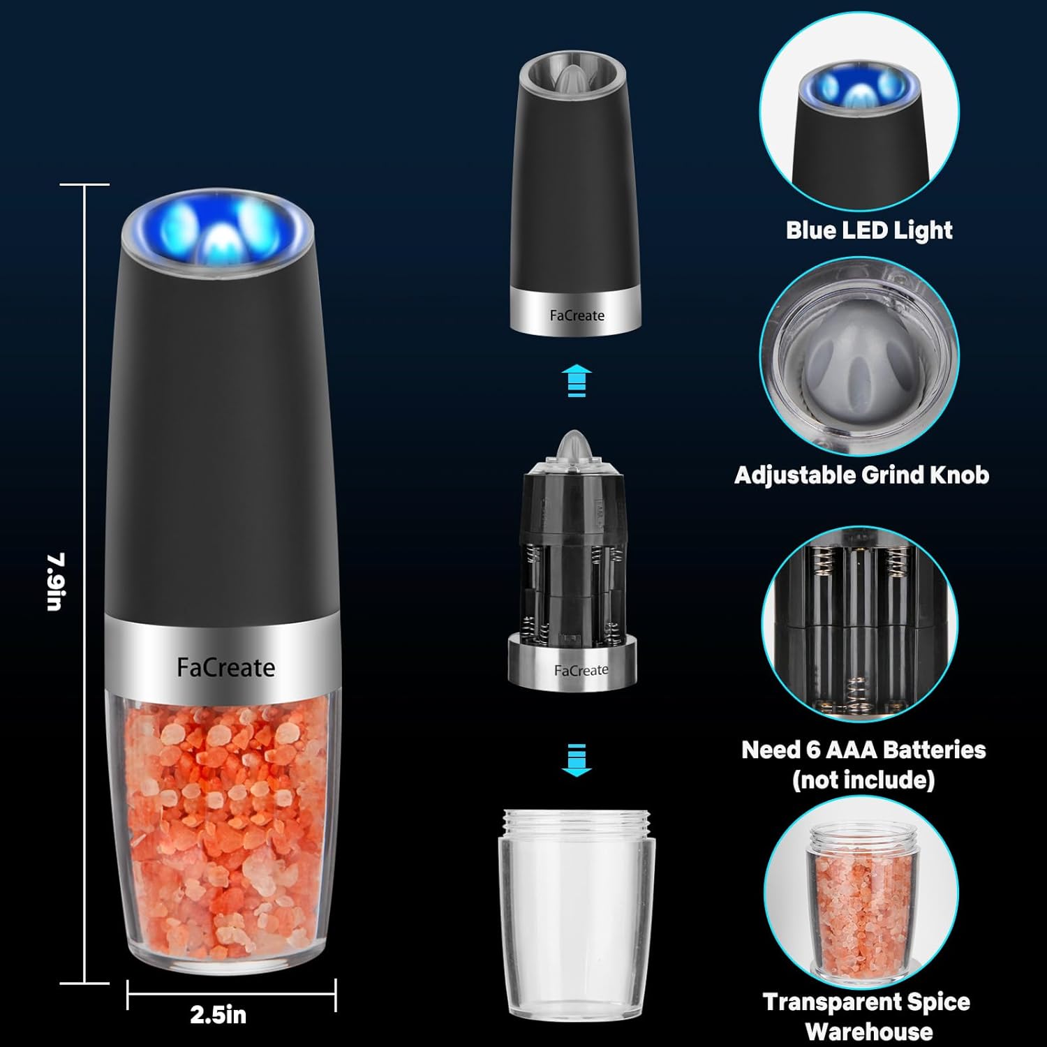 [NEW DEAL] Gravity Electric Salt and Pepper Grinder Set,Automatic Operation Electric Salt and Pepper Shakers Set，Battery Powered Adjustable Coarseness Pepper Mill Grinder LED Light, Black