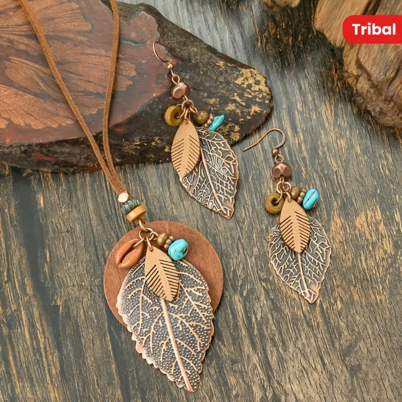 Women's 3-Piece Bohemian Leaf Jewelry Set, Vintage Western Style Pendant Necklace & Earrings, Tribal Costume Accessories for Daily Wear or Vacation, Earrings For Women, Leaves, Vintage Western Cowboy Style, Tribal Aesthetics, Pendant And Earring Combinati