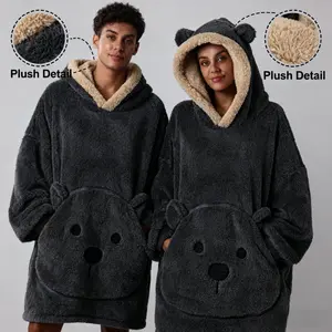 1 piece - Length 89cm - 13 colors available - Extra large, thick, fleece-lined - Winter - Fleece style - Cute and cartoonish - Bear cold-weather wear - Wearable blanket, Cozy Hooded Blanket, Hoodie with large pockets - Couple style - Machine washable