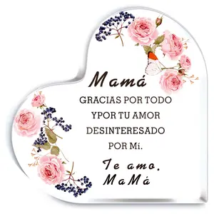 Heart-Shaped Transparent Acrylic Decoration, Decorative Plaque, Perfect Mother's Day Gift for Son and Daughter, Beautiful Floral Design, Home Office Desk Decor, 3.9x3.9 Inches