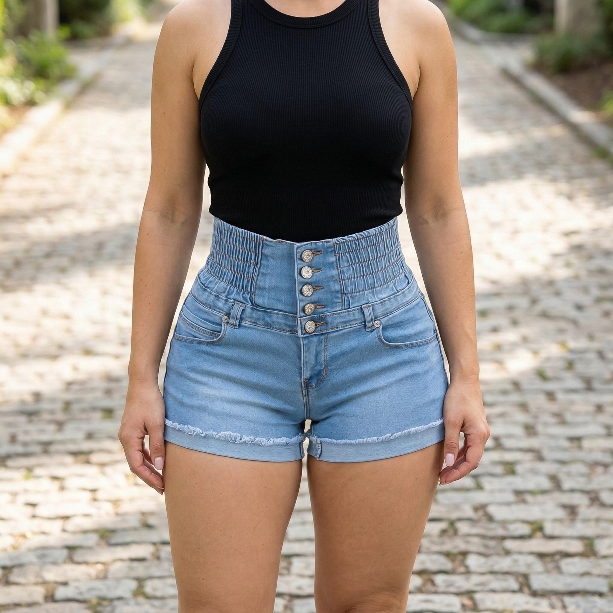 Women's High Waist Smocked Denim Shorts, 5-Button Frayed Rolled Hem Jean Shorts