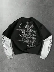 1pc Men's Vintage Y2K Graphic Long Sleeve Shirt Gothic Calligraphy Print Loose Fit Layered Streetwear Tee Black White