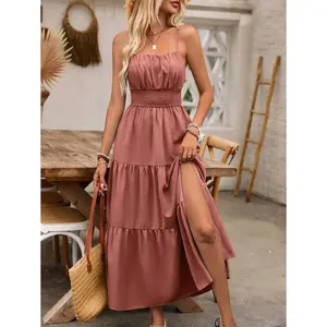 Breezaya Women’s Pleated Cami Maxi Dress – Casual Vacation Beach Outfit (Fabric/Ruching)