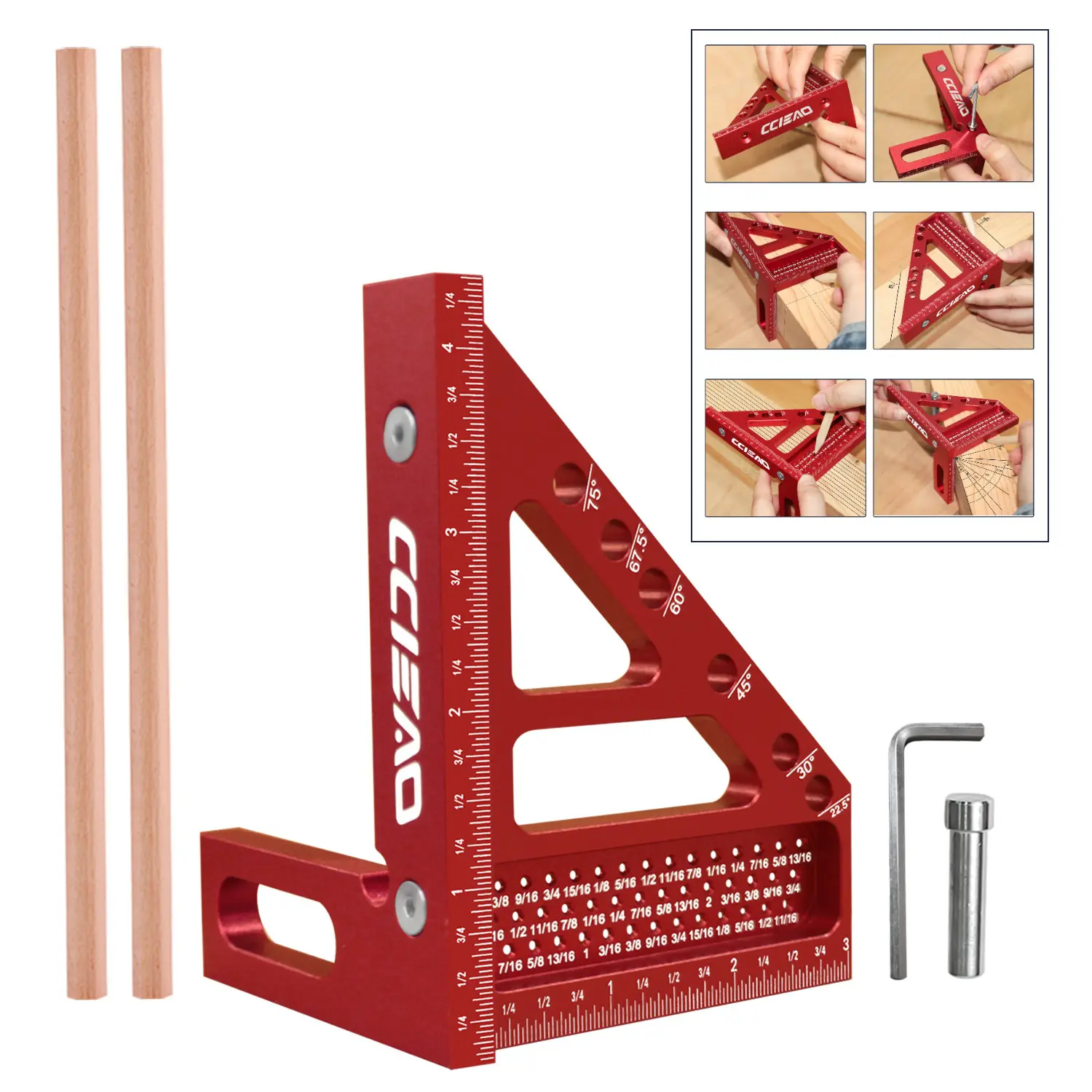 MM/Inch 3D Multi-Angle Measuring Ruler with 2 Pencils Kit, Multi-Angle Measuring and Marking Square, Carpenter Square Woodworking Ruler, 22.5-90 Degree Aluminum Alloy Woodworking Square Protractor Tool, Hand Measuring Tool, Measuring Instrument