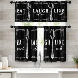 Black White 36 Inch Farmhouse Kitchen Window Curtains Valance and Tier Set Rod Pocket Short Drapes with Eat Good Laugh Often Live Well Print for Kitchen Decor