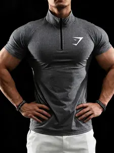 Men's Fitness Short Sleeve Striped Trendy T-Shirt, Elastic Quick-Dry Half Zip Design, Loose-Fitting Business Casual Top