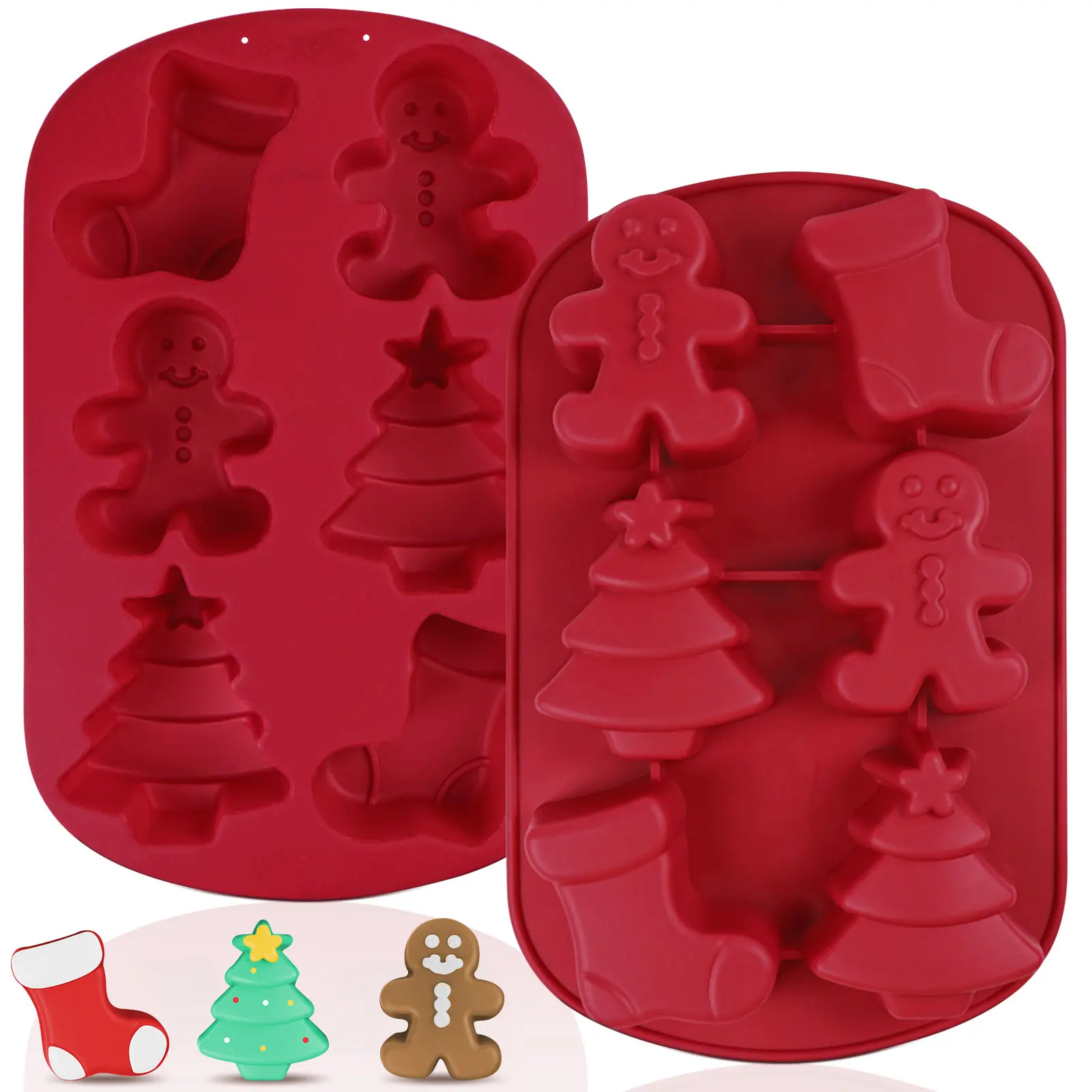 2 Piece Christmas Silicone Chocolate Molds, Candy Cookie Baking Mold, 3D Snowman Tree Gift Shape, DIY Soap Candle Jelly Pudding Ice Tray, Silicone Baking Set