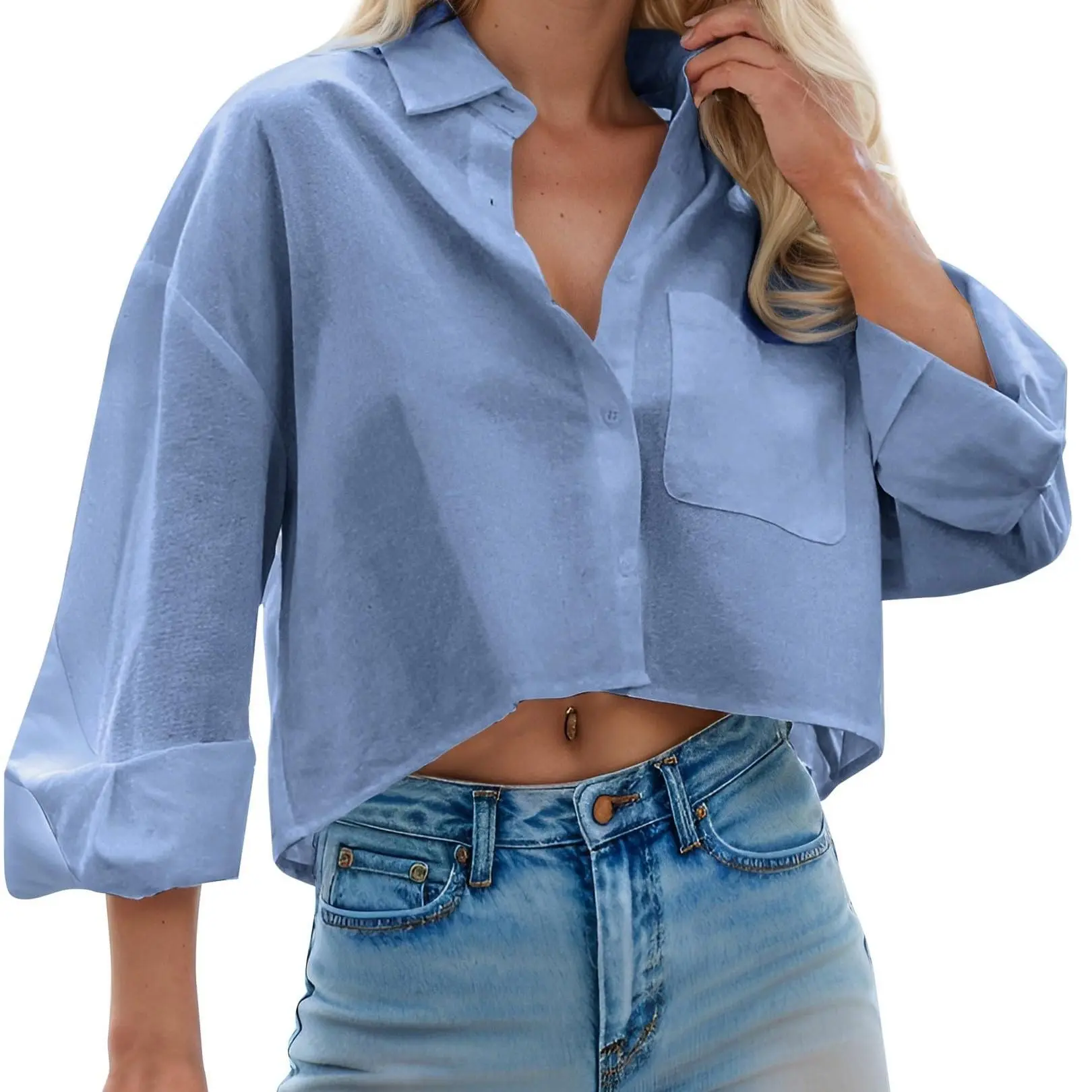 ZEAGOO Women's Casual Cropped Button Down Shirt, Stretchy Long Sleeve Collared Work Top with Chest Pocket, Shirts For Women, Crop Tops For Women