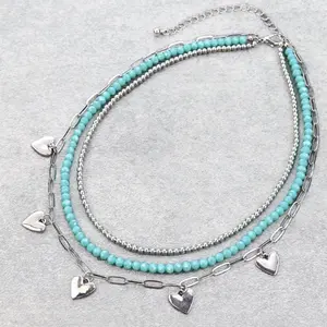 Teal 3 Row Mixed Beaded Heart Paperclip Chain Necklace