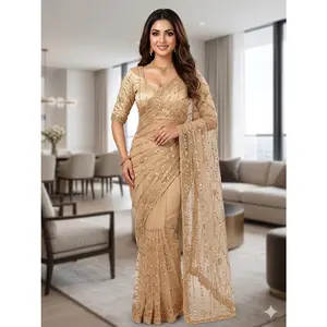 The Champagne Royale: Hand-Beaded Sequin Net Saree