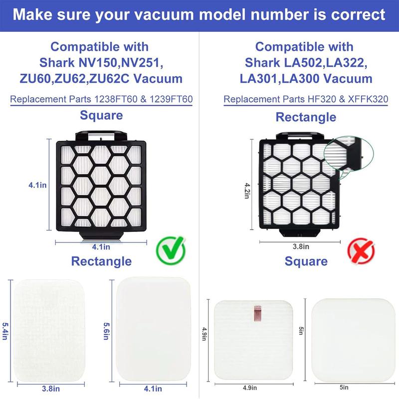 ZU60 ZU62 Vacuum Filter for Shark Navigator Zero-M Self-Cleaning Brushroll Pet Pro ZU60 ZU62 ZU62C NV150 NV151 NV255 Upright Vacuum, Part 1238FT60, 1239FT60, 2 + 4 , Felt Filters