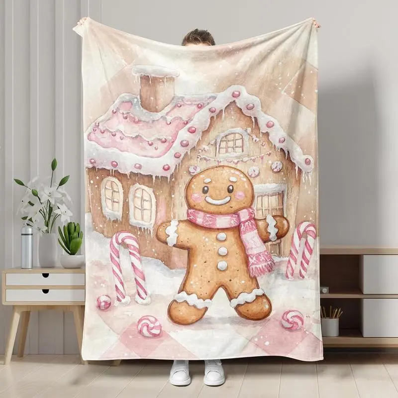 Sanwfall Christmas Throw Blanket Gingerbread Man Box Cartoon Pink Soft Flannel Indoor Decorations Comfort Blankets for Healing Living Room Bedroom Fluffy Pink Christmas Decor Christmas Bedding Festive Cheer