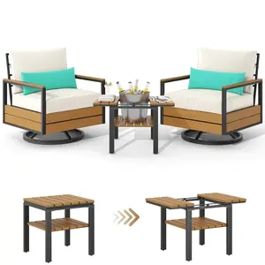 Sikaic 3 Piece Outdoor Patio Furniture Set with 360° Swivel Armchair Accent Chair, Thick Cushion and Sliding Table Beige Modern Outdoor Furniture Rocking Bistro Set, Acacia Wood Conversation Set with Waterproof & Breathable Fabric