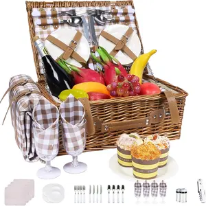 Wicker picnic basket, equipped with an insulated box and waterproof blanket--large wicker picnic basket, suitable for outdoor activities, camping, the beach, romantic dates, and Valentine's Day