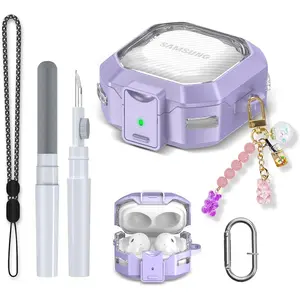Safety Lock Case for Samsung Galaxy Buds 2 Pro Case/Galaxy Buds Pro Case/Galaxy Buds 2 Case/Galaxy Buds Live Case,Carbon Fiber Clear Case for Galaxy Buds FE for Women w/Keychain & Cleaner Kit (Purple)