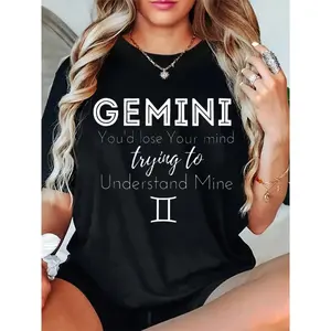Womens Gemini Zodiac Graphic T-Shirt - Youd Lose Trying to Understand Mine Casual Round Neck Tee, Medium Stretch, Machine Washable Springsummer Black Top with Bold White Lettering, Ladies T Shirt