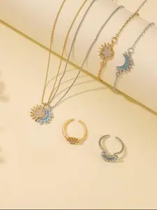 Stainless Steel Sun Moon Necklace Ring Bracelet Set, Jewellery Elegant Zircon Two-Tone Gift, Perfect for Valentine's Day, Casual & Formal Wear, Modern, Elegant Jewelry Set