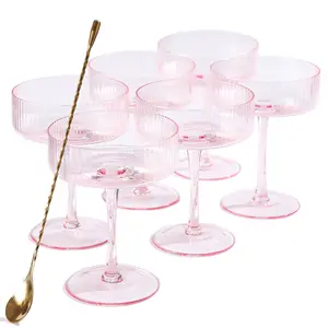 Pink Vintage Martini Glasses Set 6, Ribbed Coupe Glasses,Gold Rim, 10 oz - Espresso Martini Glasses, Hand Blown Glass for Christmas, Drinkware