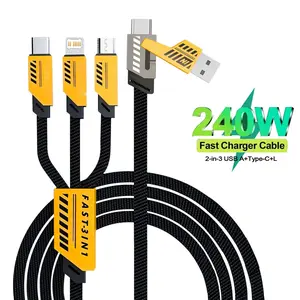 Fast Phone Charging Cable, 2-In-1 USB PD to Type-C/micro/iOS, 240w Fast Charge Braided Data Cable, Universal Mobile Charger